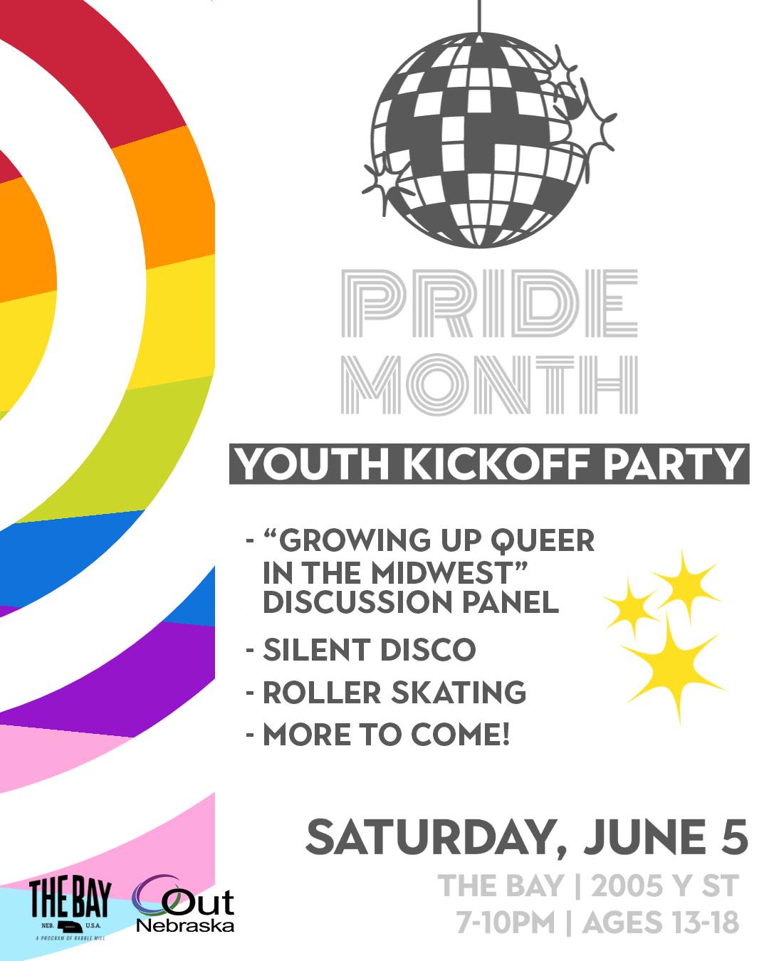 Gray sparkling Disco Ball; text below it reads Pride Month Youth Kickoff Party; Growing up Queer in the Midwest Discussion Panel; Silent Disco; Roller Skating; More to come?; Saturday, June 5th at 7pm CT