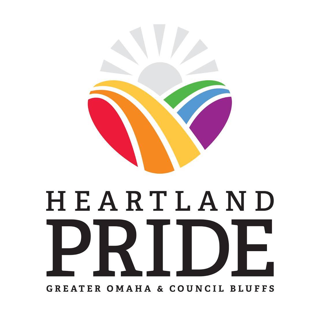 a white background that has a logo of a grey sun and hills that looks like rainbows; underneath says "Heartland Pride Greater Omaha and Council Bluffs"