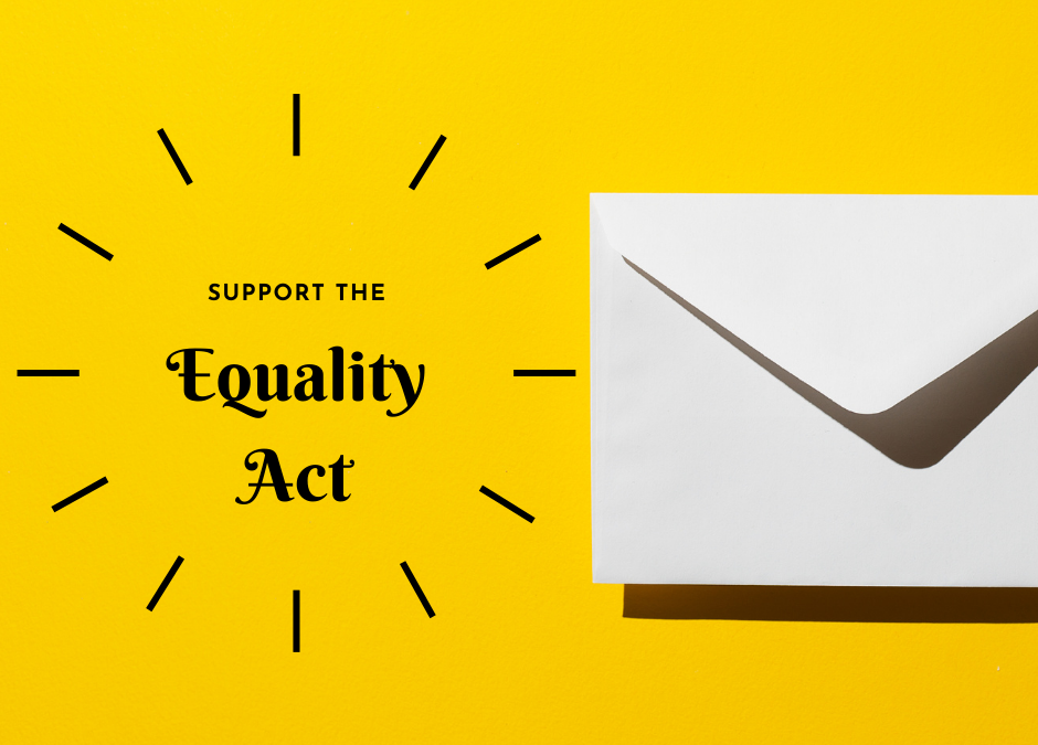 Gold background with a white envelope. Text surrounded by radiating tick marks: Support the Equality Act.