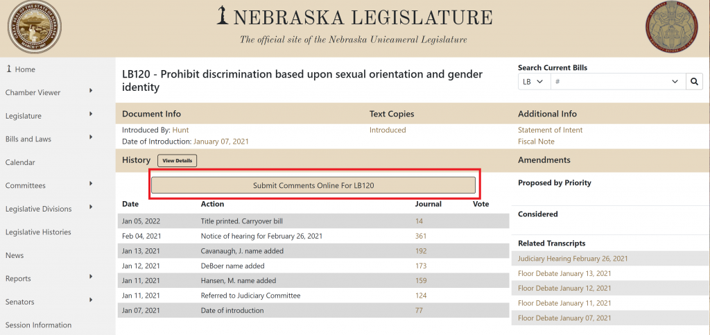 Screenshot of the Nebraska legislature website. You see a screen with details about a bill, including history, introducer, and somewhere to click to see full text. In the middle of the screen is a button that says "Submit Comments Online for LB###". This button is circled in red.