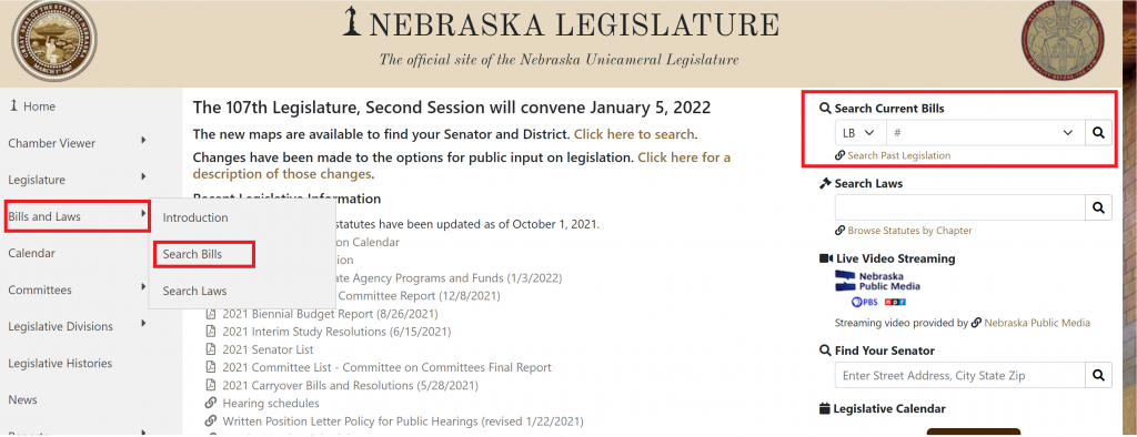 Screenshot of the Nebraska legislature website. The areas for searching a bill are framed by a red box.