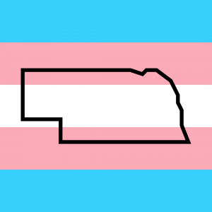 Outline of Nebraska over the transgender pride flag