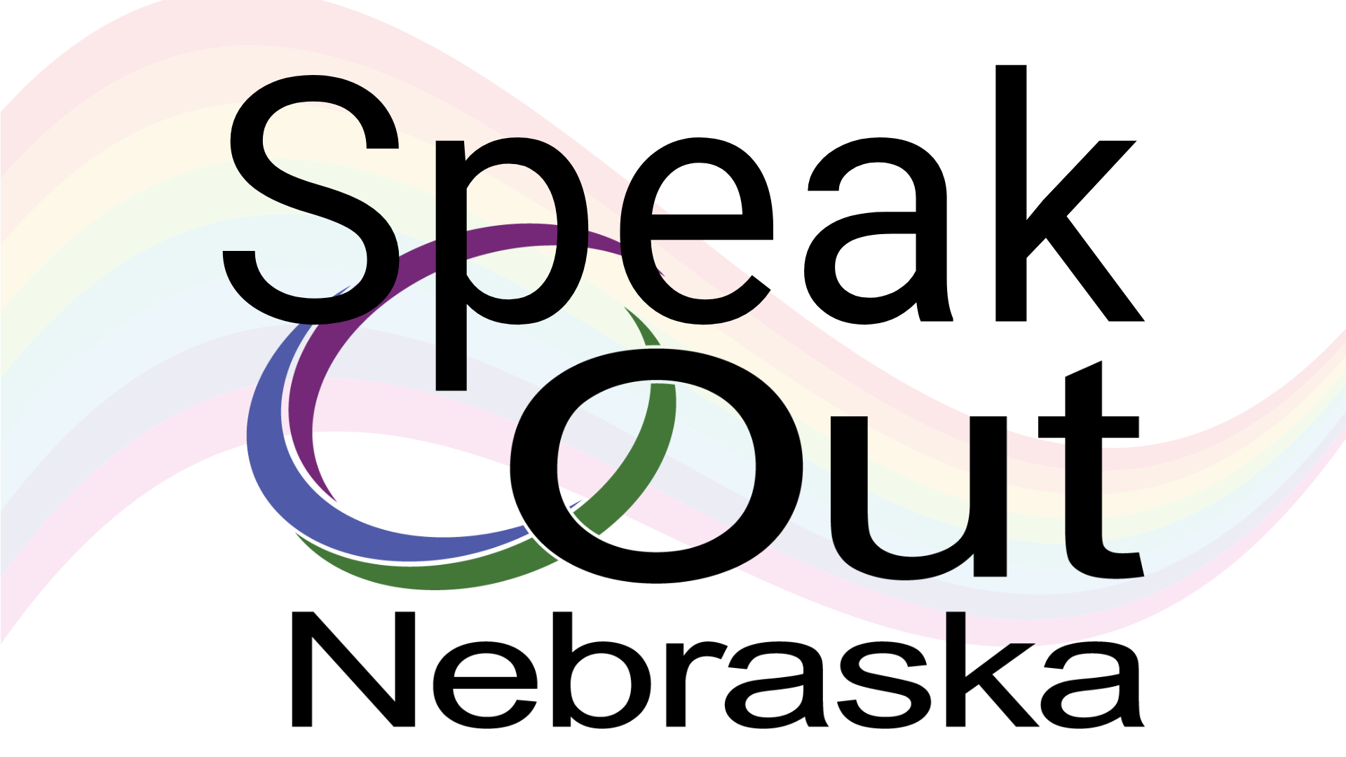 Black text reads "Speak Out Nebraska". There is a light rainbow swoosh behind the words.