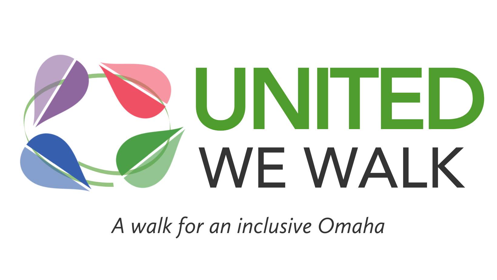 Poster for United We Walk featuring four different colored leaves swirling in a circle. Text: United We Walk: A walk for an inclusive Omaha.